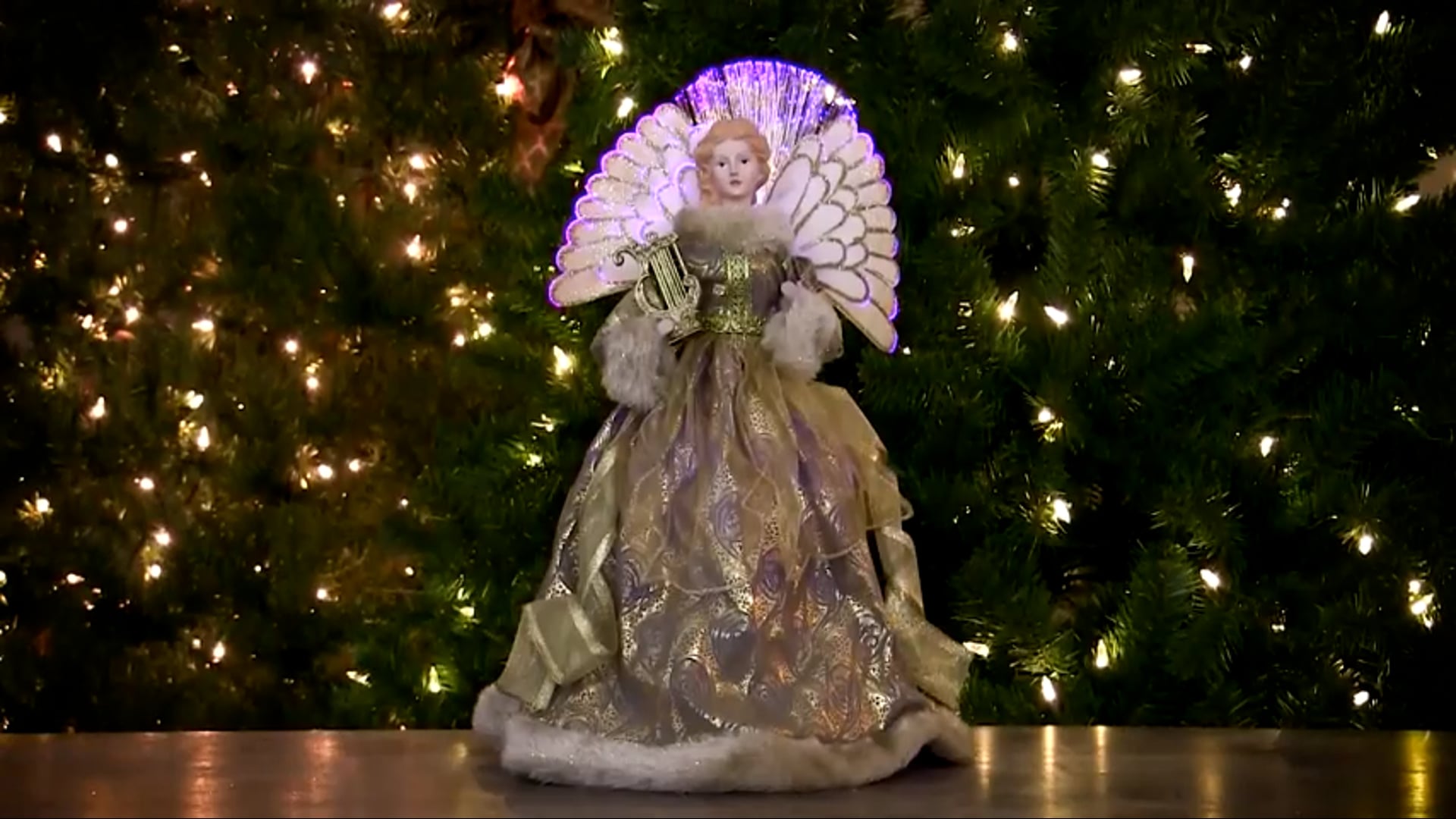 16" Battery-Operated Angel, Gold Gown With Harp Christmas Tree Topper