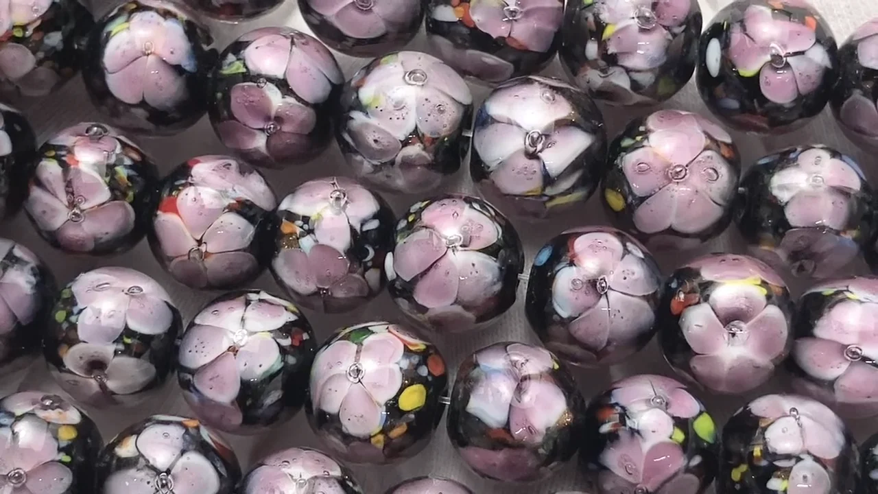 とんぼ玉 ラウンド10mm 【ピンク×フラワー】 1/4連～1連｜天然石ビーズ
