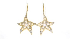 Opal and 5-5.5mm Cultured Pearl Starfish Drop Earrings with 1.20 ct. t.w. White Topaz in 18kt Gold Over Sterling