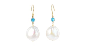 14-17mm Cultured Coin Pearl and .50 ct. t.w. Swiss Blue Topaz Drop Earrings in 18kt Gold Over Sterling