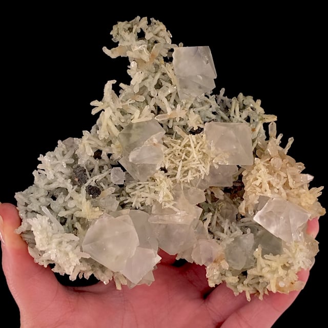 Fluorite (''ice'' crystals) on scepter Quartz with Helvine