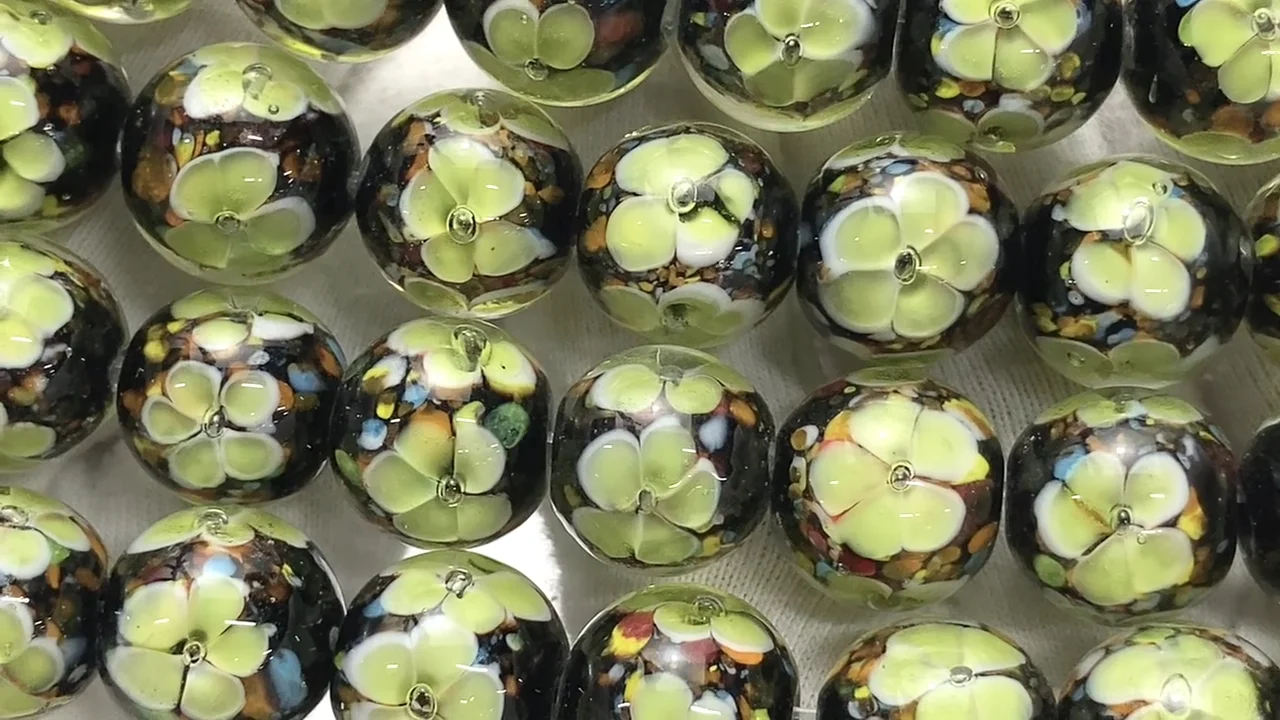 とんぼ玉 ラウンド12mm 【イエロー×フラワー】 1/4連～1連｜天然石