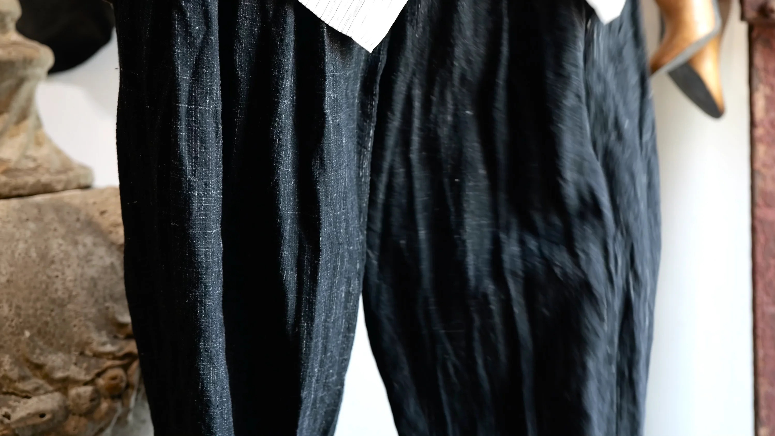 PANTS007. Triple Pleated Wide Tapered Kasuri Cloth. Black