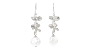 12-12.5mm Cultured Coin Pearl Flower Drop Earrings in Sterling Silver