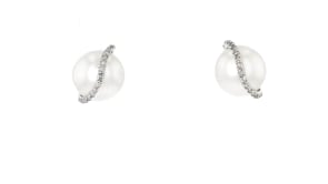 8-8.5mm Cultured Pearl and Diamond-Accented Swirl Earrings in Sterling Silver