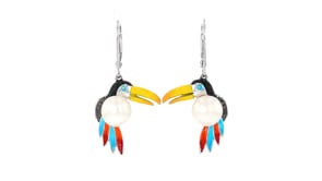 Multicolored Enamel and 8.5-9mm Cultured Pearl Toucan Drop Earrings with Black Diamond Accents in Sterling Silver