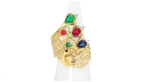 C. 1980 Vintage 1.60 ct. t.w. Multi-Gemstone Peacock Ring with .90 ct. t.w. Diamonds in 18kt Yellow Gold