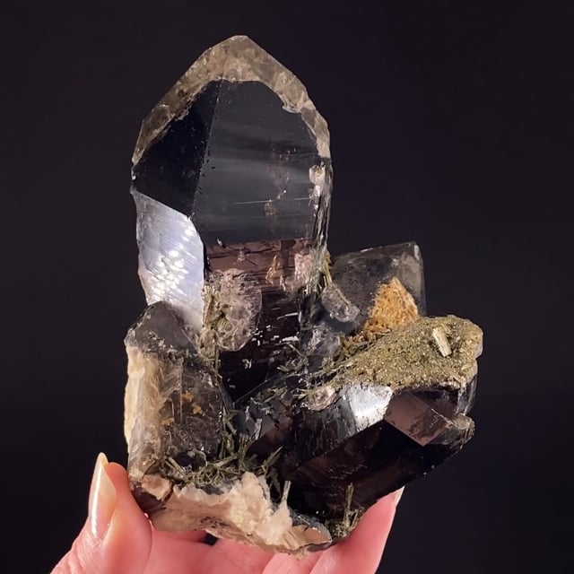 Quartz var: Smoky with Epidote and Stilbite