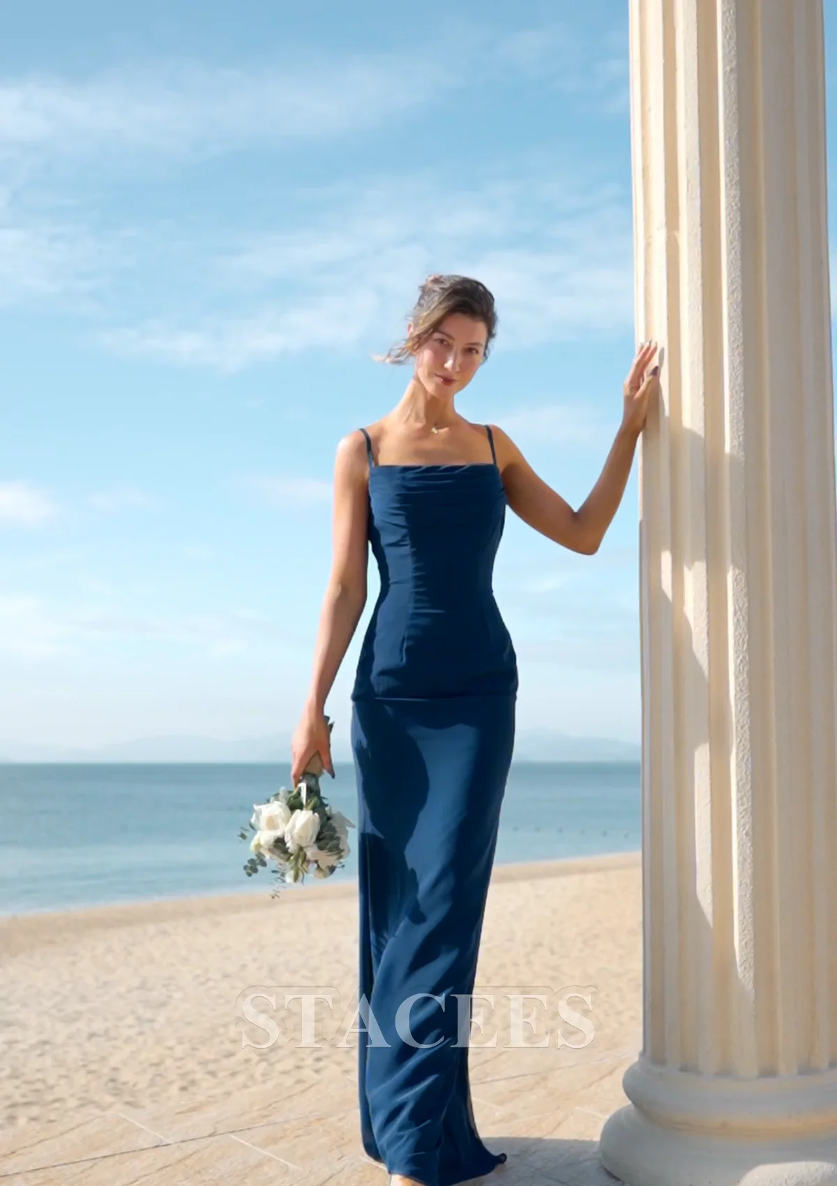 ocean blue bridesmaid dresses V Neck Blue Chiffon A-line Long Bridesmaid Dress – Chazdon main image 1