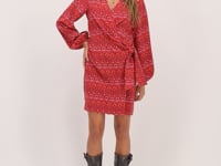 red wrap dress with aztec print