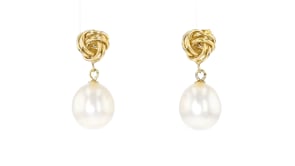 8-9mm Cultured Pearl Love Knot Drop Earrings in 14kt Yellow Gold
