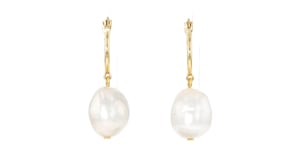 12-13mm Cultured Pearl Hoop Drop Earrings in 18kt Gold Over Sterling