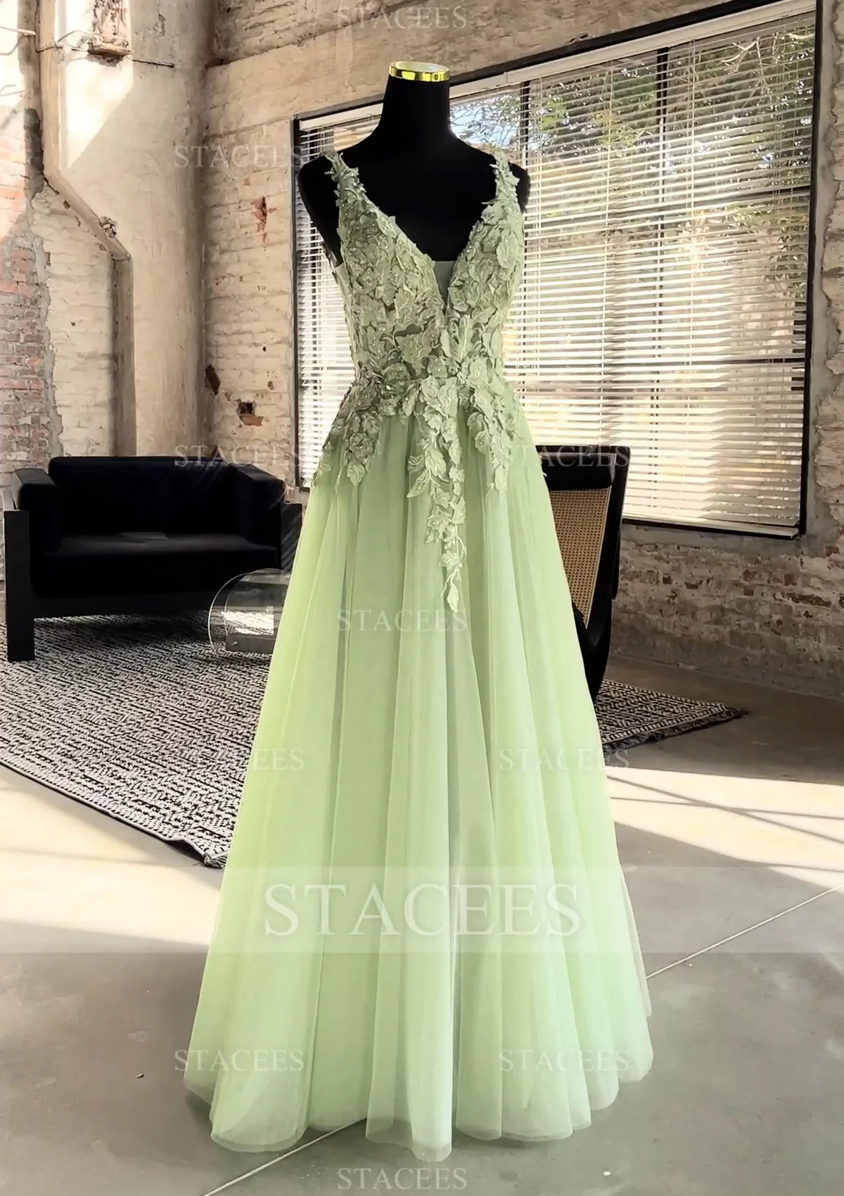 staces dresses Stacees 2026 Prom Dress A-line V Neck Floor-Length Tulle Appliqued Beading