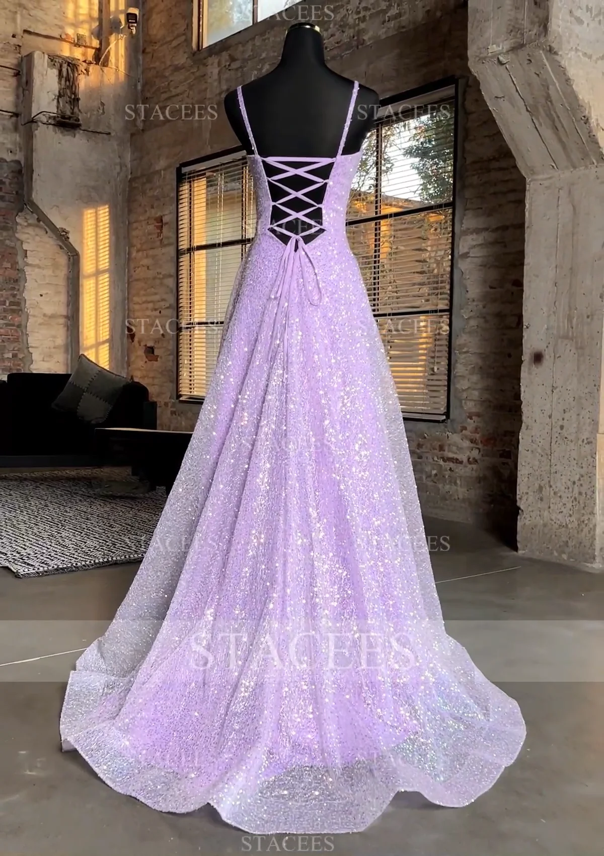 A-line Square Neckline Sleeveless Sweep Train Sequined Prom Dress