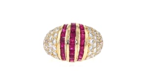 C. 1980 Vintage 2.70 ct. t.w. Ruby and 2.35 ct. t.w. Diamond Ring in 18kt Yellow Gold
