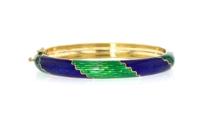 C. 1980 Vintage Blue and Green Enamel Bangle Bracelet in 18kt Yellow Gold