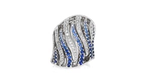 C. 1980 Vintage 1.05 ct. t.w. Sapphire and .80 ct. t.w. Diamond Striped Cocktail Ring in 18kt White Gold