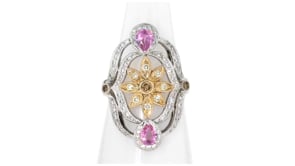 C. 1990 Vintage .85 ct. t.w. Multicolored Diamond and .72 ct. t.w. Pink Sapphire Floral Ring in 18kt Two-Tone Gold