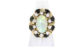 C. 1980 Vintage Opal, 3.60 ct. t.w. Green Tourmaline and 1.00 ct. t.w. Diamond Ring in 18kt Yellow Gold