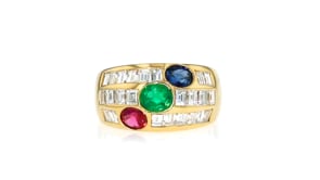 C. 1980 Vintage 1.15 ct. t.w. Multi-Gemstone and 1.35 ct. t.w. Diamond Ring in 18kt Yellow Gold