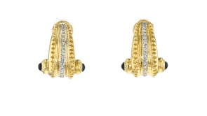 C. 1980 Vintage 1.50 ct. t.w. Sapphire and .55 ct. t.w. Diamond Scroll Earrings in 18kt Yellow Gold