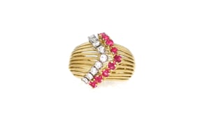 C. 1980 Vintage .90 ct. t.w. Ruby and .45 ct. t.w. Diamond Ring in 18kt Yellow Gold