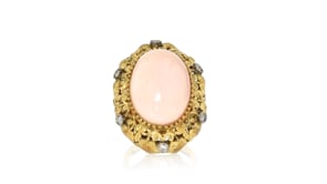 C. 1960 Vintage Pink Coral and .20 ct. t.w. Diamond Ring in 18kt Yellow Gold