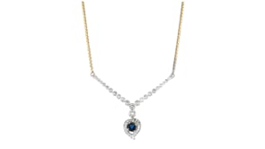C. 1980 Vintage .95 Carat Sapphire and 1.95 ct. t.w. Diamond V-Shaped Heart Necklace in 14kt Two-Tone Gold