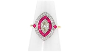 C. 1980 Vintage .91 ct. t.w. Diamond and .90 ct. t.w. Ruby Marquise-Shaped Ring in 14kt Yellow Gold
