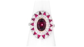 C. 1990 Vintage 2.25 Carat Rhodolite Garnet, 1.00 ct. t.w. Diamond and .85 ct. t.w. Ruby Cocktail Ring in 18kt White Gold