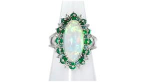 C. 1990 Vintage Opal and 1.67 ct. t.w. Multi-Gemstone Ring with .26 ct. t.w. Diamonds in 18kt White Gold