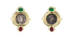 C. 1980 Vintage Sterling Silver Genuine Greek Coin Earrings with 1.10 ct. t.w. Rubies and .70 ct. t.w. Emeralds in 14kt Yellow G