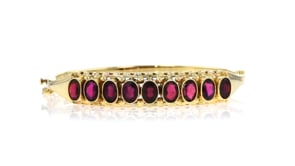 C. 1970 Vintage 10.80 ct. t.w. Garnet Bangle Bracelet in 14kt Yellow Gold