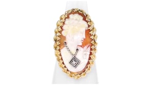 C. 1960 Vintage Orange Shell Cameo Ring with Diamond Accent in 14kt Yellow Gold
