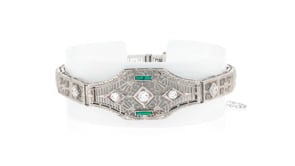 C. 1950 Vintage .40 ct. t.w. Diamond and .10 ct. t.w. Synthetic Emerald Filigree Bracelet in 14kt White Gold