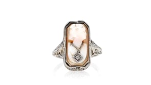 C. 1950 Vintage Diamond-Accented Onyx and Brown Shell Cameo Flip Ring in 14kt White Gold