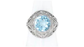 C. 1935 Vintage 2.15 Carat Aquamarine Filigree Ring in Platinum