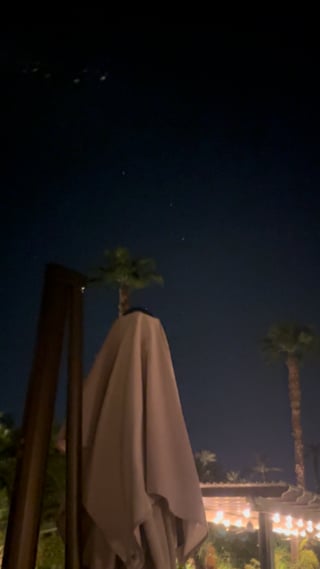 Night sky above palm trees, a closed patio umbrella, and garden lights.
