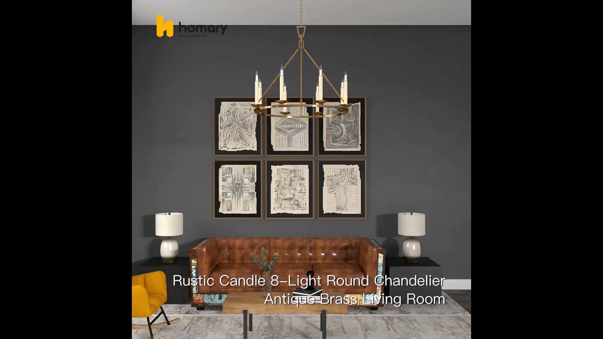 Rustic Candle 8Light Round Chandelier Antique Brass Living Room