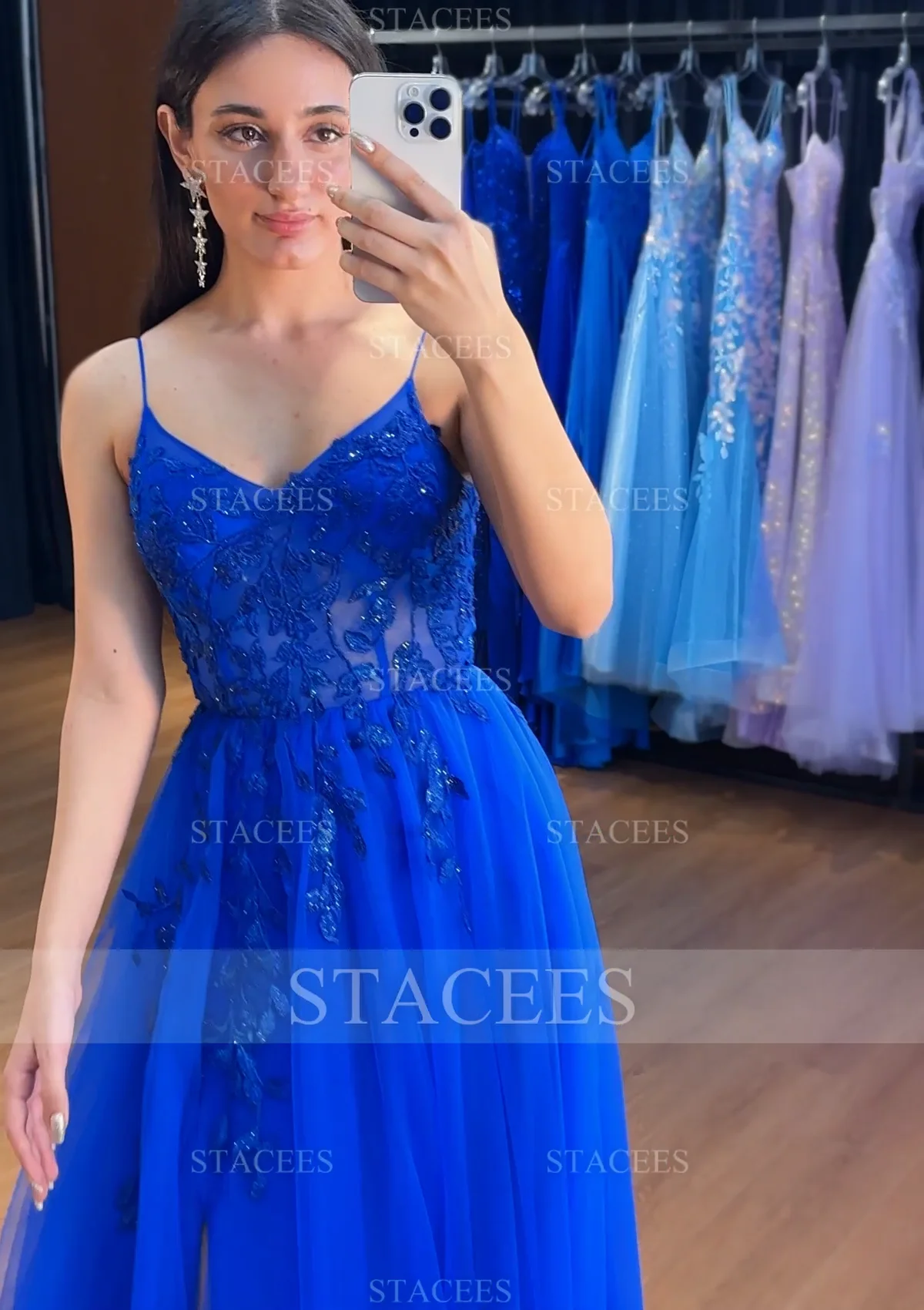 chinese dress ladies A-line V Neck Sleeveless Floor-Length Black Tulle Prom Dress, Beading main image 1