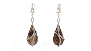 C. 1980 Vintage 70.00 ct. t.w. Smoky Quartz and .50 ct. t.w. Diamond Drop Earrings in 14kt Yellow Gold