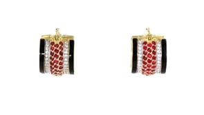 2.70 ct. t.w. Ruby and .60 ct. t.w. White Zircon Hoop Earrings with Black Enamel in 18kt Gold Over Sterling
