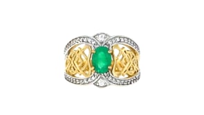 80 Carat Emerald and .40 ct. t.w. White Zircon Celtic Knot Ring in 18kt Gold Over Sterling
