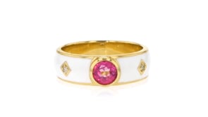 40 Carat Pink Topaz and White Enamel Ring with Diamond Accents in 18kt Gold Over Sterling