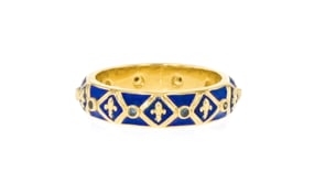 10 ct. t.w. Sapphire and Blue Enamel Fleur-de-Lis Ring in 18kt Gold Over Sterling