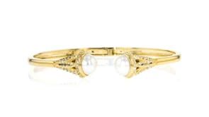 8mm Cultured Pearl and .80 ct. t.w. White Topaz Cuff Bracelet in 18kt Gold Over Sterling