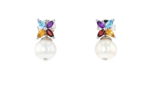 8-8.5mm Cultured Pearl and .40 ct. t.w. Multi-Gemstone Drop Earrings in Sterling Silver