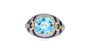 4.40 ct. t.w. London and Sky Blue Topaz and .50 ct. t.w. White Zircon Ring with Blue Enamel in 18kt Gold Over Sterling