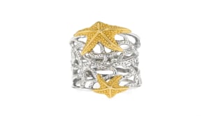 Sterling Silver and 18kt Yellow Gold Over Sterling Starfish and Coral Ring