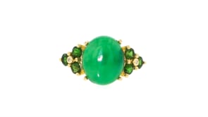 Jade and .70 ct. t.w. Chrome Diopside Ring with White Zircon Accents in 18kt Yellow Gold Over Sterling Silver